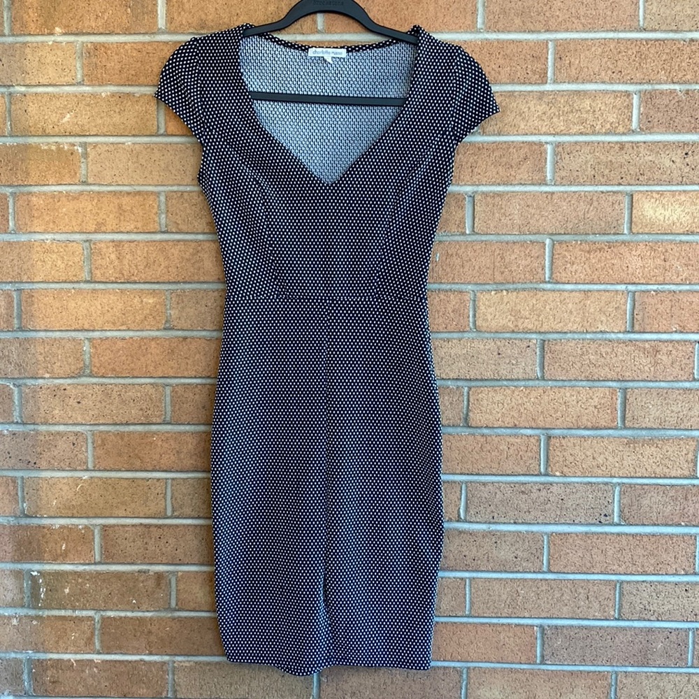 Black body con dress with small white polka dots, size small